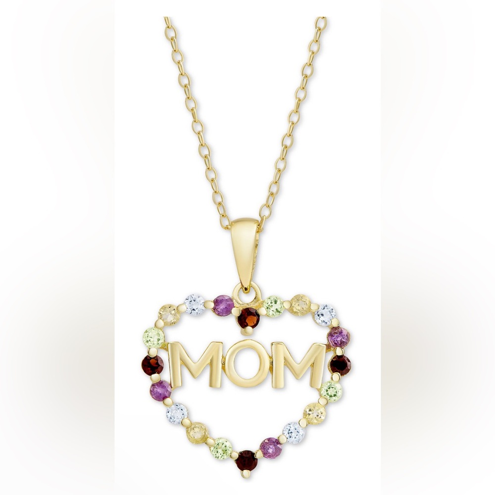 NWT Multi-Gemstone Mom Heart 18" Necklace 18k Gold-Plated Sterling Silver